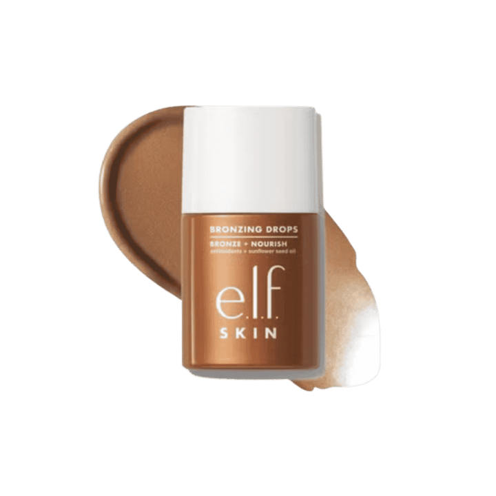 e.l.f. SKIN Bronzing Drops in brown bottle with white cap and bronzer swatches