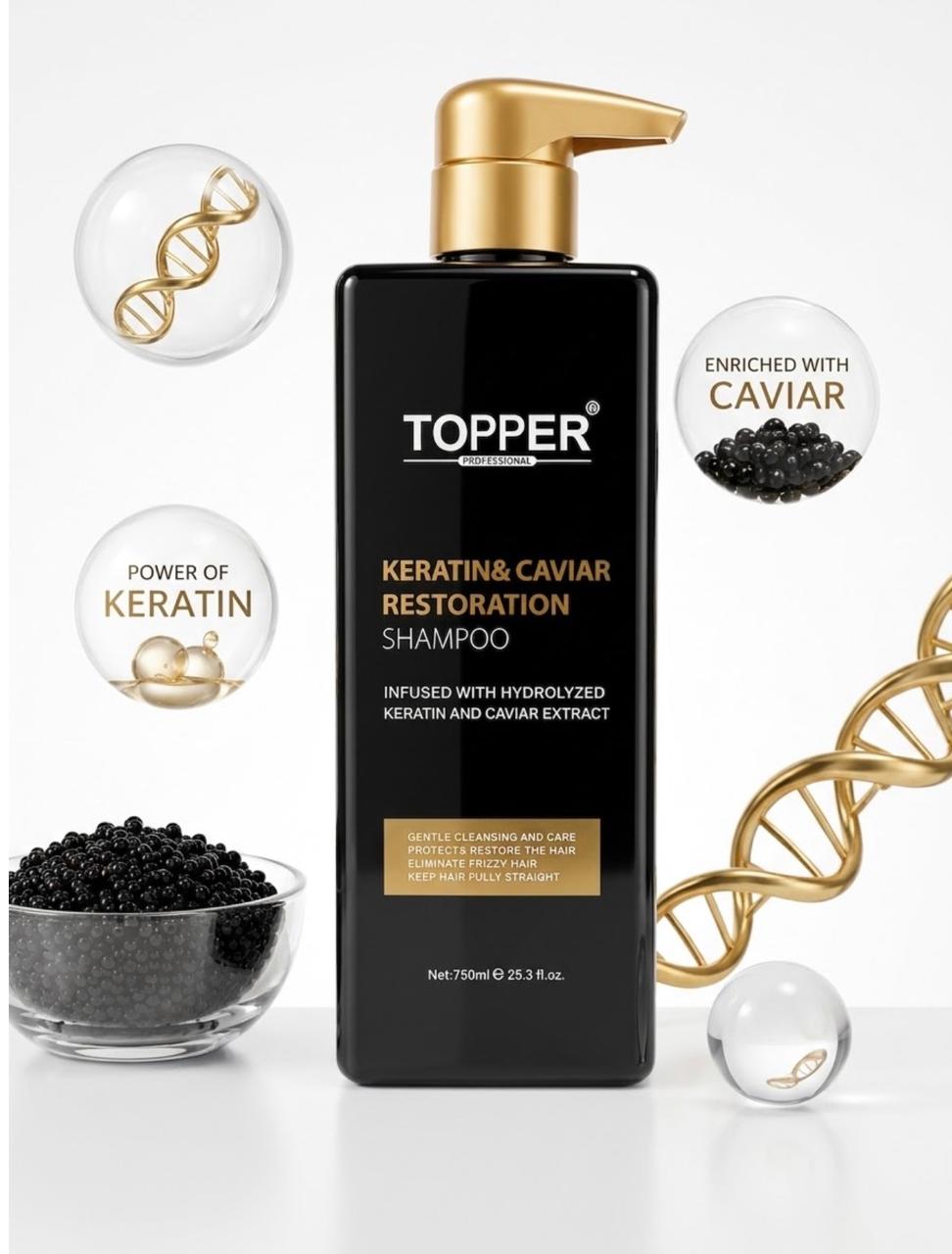 TOPPER PROFESSIONAL Keratin & Caviar Restoration Shampoo - 750ml | توبر شامبو كيراتين وكافيار لاستعادة صحة الشعر - 750مل