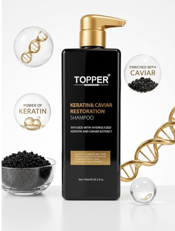 TOPPER PROFESSIONAL Keratin & Caviar Restoration Shampoo - 750ml | توبر شامبو كيراتين وكافيار لاستعادة صحة الشعر - 750مل