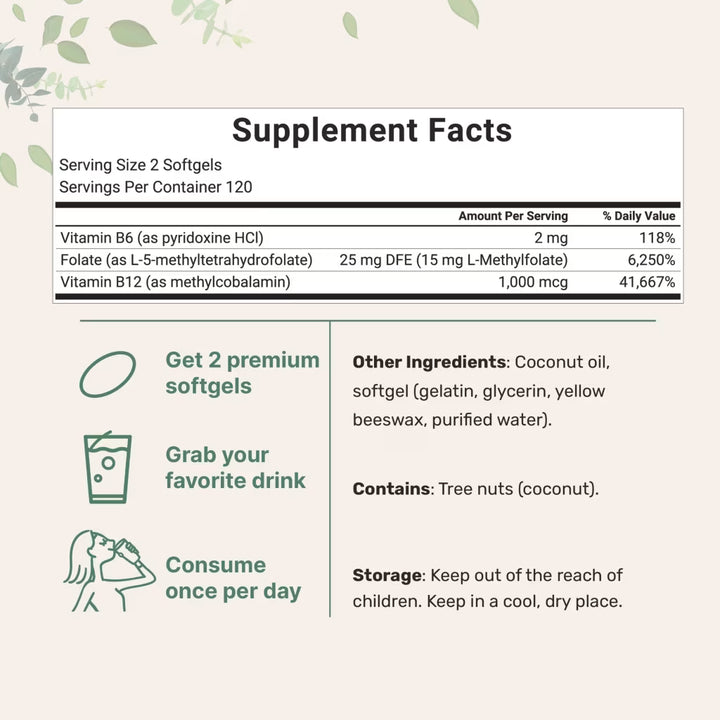 microingredients L-methylfolate 5-MTHF 15mg B6 & Methyl B12 - 240 Softgels | مايكرو انجريديانز مكمل غذائي يحتوي على تركيبة ثلاثية من فيتامينات B النشطة - 240 كبسولة هلامية