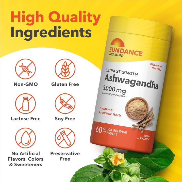 Sundance Ashwagandha Extra Strength 3000mg - 60 Quick Release CAPSULAS  | ساندانس أشواغاندا إكسترا سترينث 3000 ملغ - 60 كبسولة سريعة التحرر