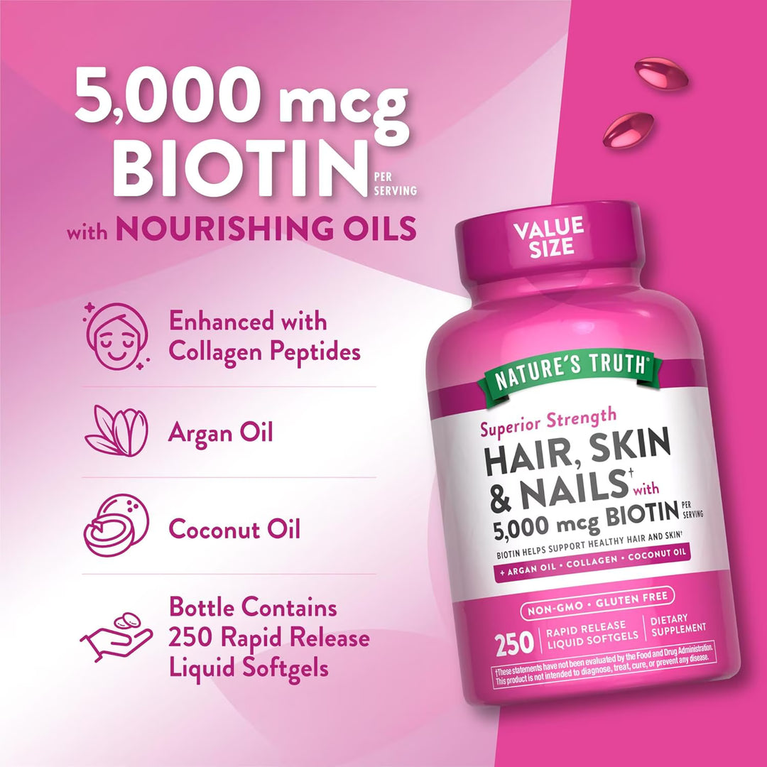 Nature's Truth Hair, Skin & Nails Vitamins 5000mcg Biotin - 250 Liquid Softgels - 250 كبسولة | نيتشرس تروث مكمل للشعر والبشرة والأظافر قوت 5000 ميكروغرام - 250 كبسولة