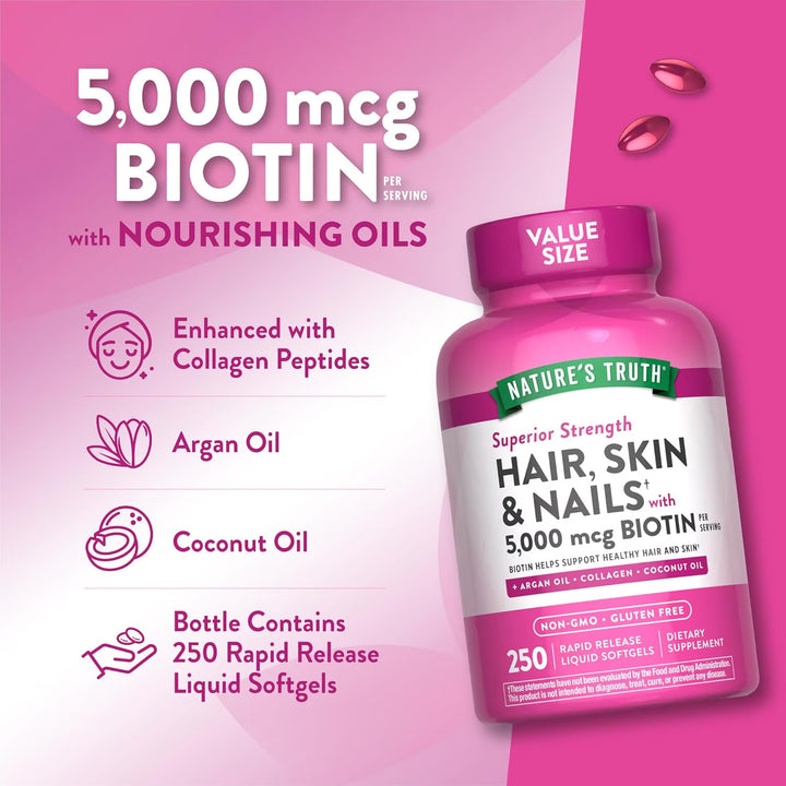 Nature's Truth Hair, Skin & Nails Vitamins 5000mcg Biotin - 250 Liquid Softgels - 250 كبسولة | نيتشرس تروث مكمل للشعر والبشرة والأظافر قوت 5000 ميكروغرام - 250 كبسولة