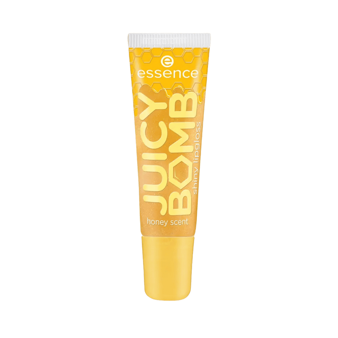 essence Juicy Bomb honey scent lipgloss in clear squeeze tube, 10ml shiny lip product.