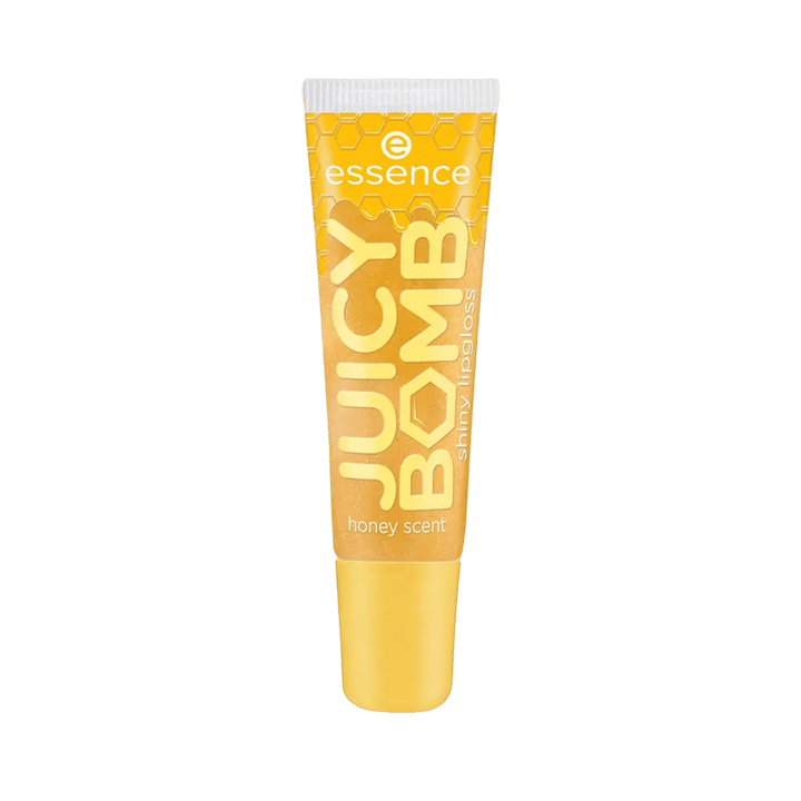 essence Juicy Bomb honey scent lipgloss in clear squeeze tube, 10ml shiny lip product.