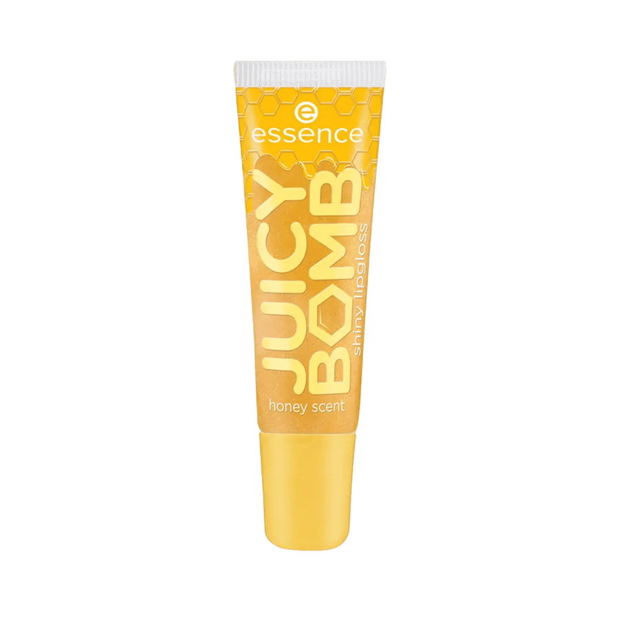 essence Juicy Bomb honey scent lipgloss in clear squeeze tube, 10ml shiny lip product.