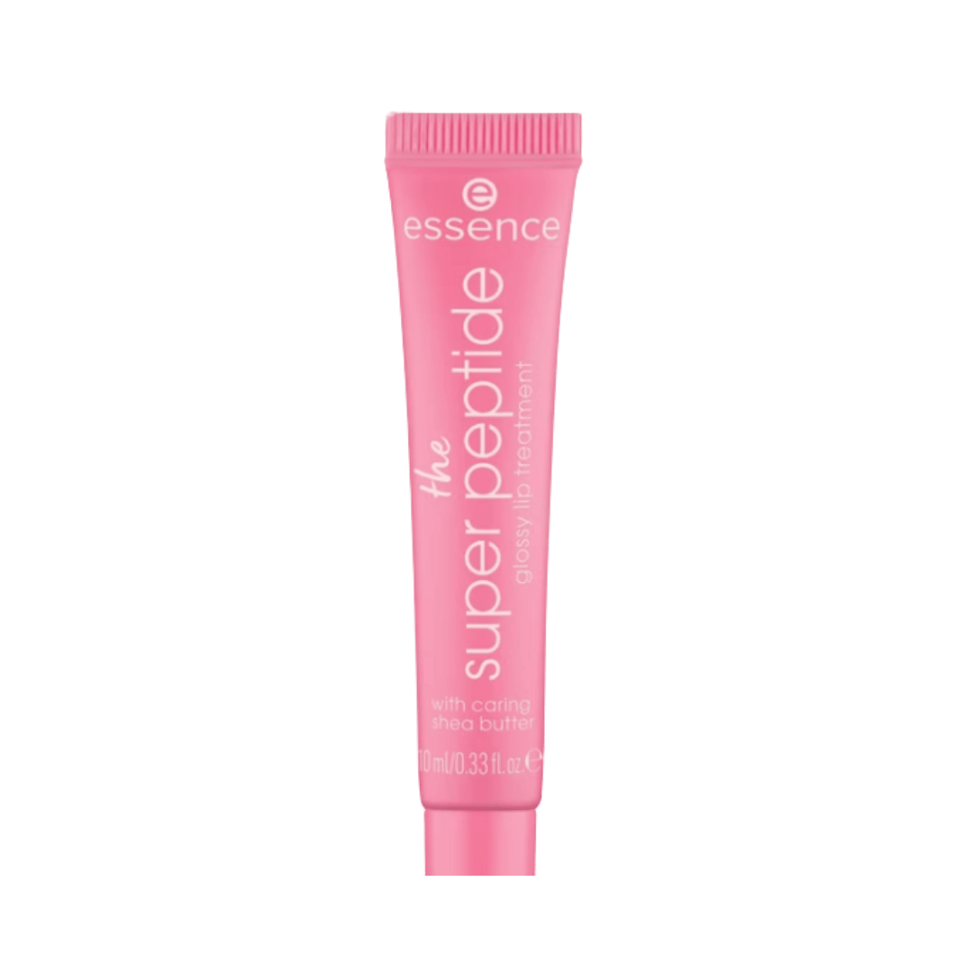 essence the super peptide glossy lip treatment, pink 10ml tube with white lettering