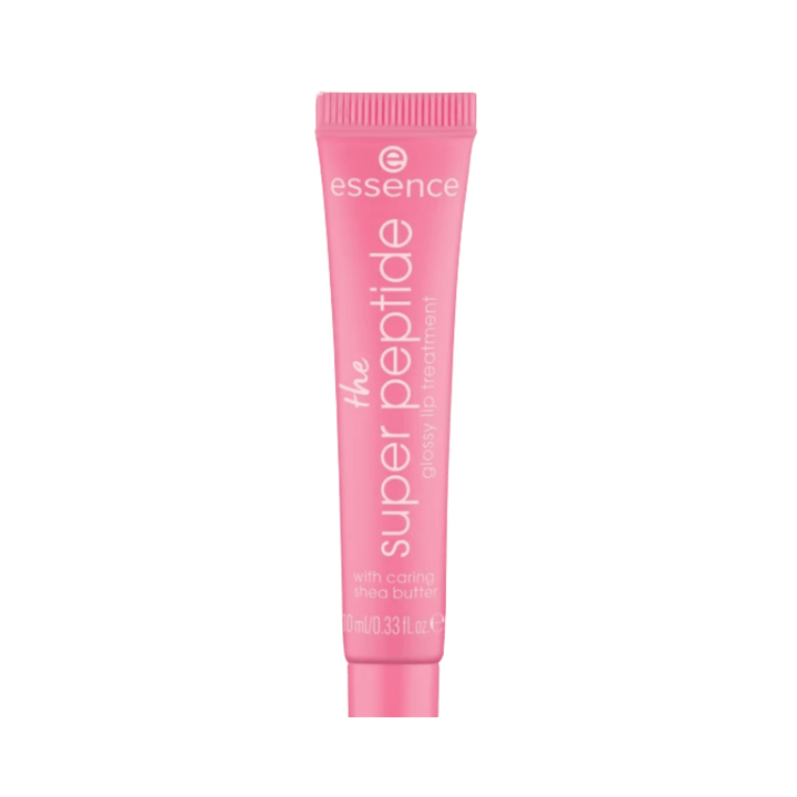 essence the super peptide glossy lip treatment, pink 10ml tube with white lettering