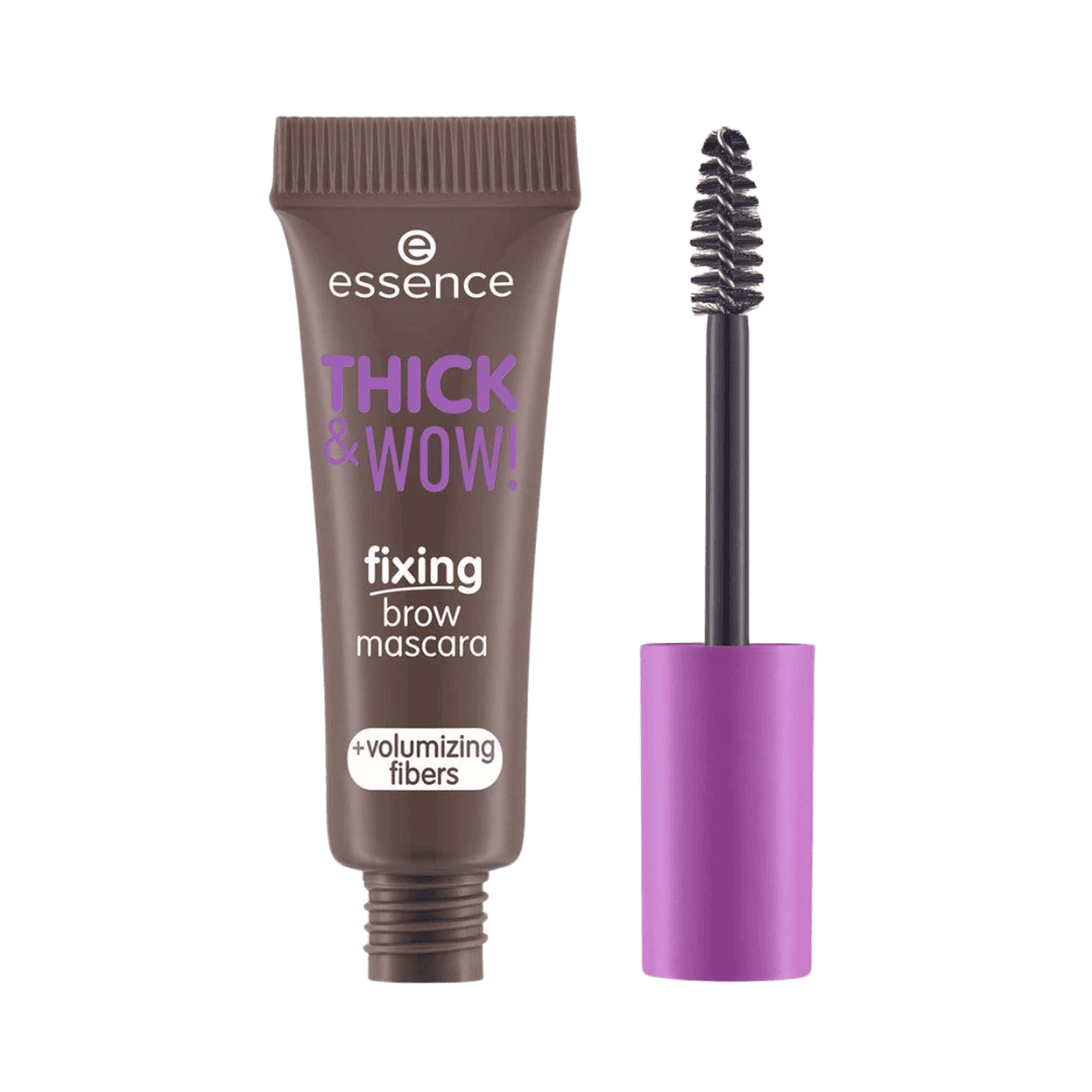 Essence Thick and Wow fixing brow mascara tube with purple cap and spoolie brush 6ml