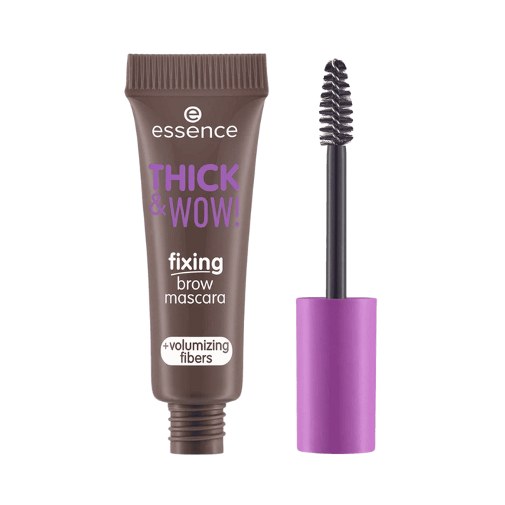 Essence Thick and Wow fixing brow mascara tube with purple cap and spoolie brush 6ml
