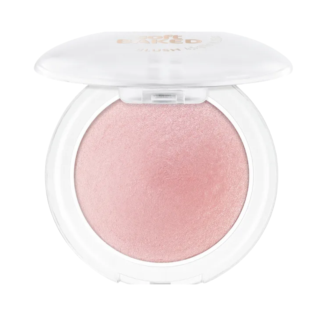 essence soft BAKED BLUSH 4.5g in white compact with pink baked powder shade