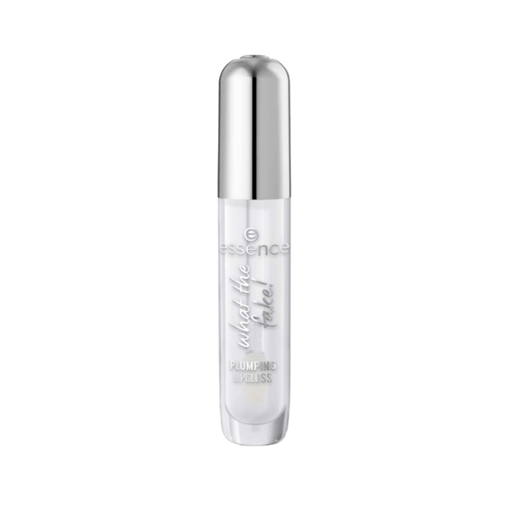 essence what the fake! plumping lip gloss, clear tube with silver cap and white applicator