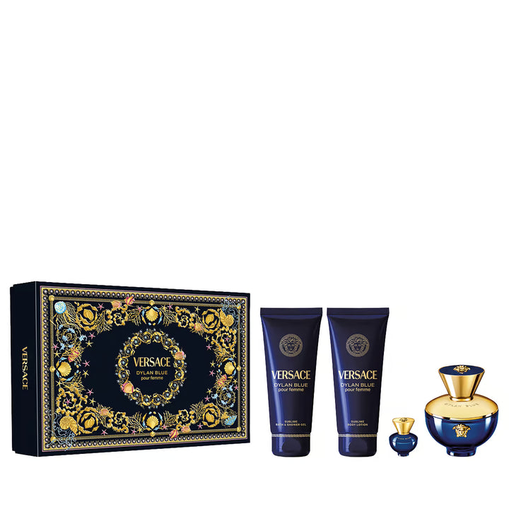 VERSACE Dylan Blue Set (EDP 100ml + EDP 5ml + BL 100ml + SG 100ml )| فيرساتشي سيت ديلان بلو او ديو بارفان للنساء - 100 مل + 5 مل + 100 مل + 100 مل