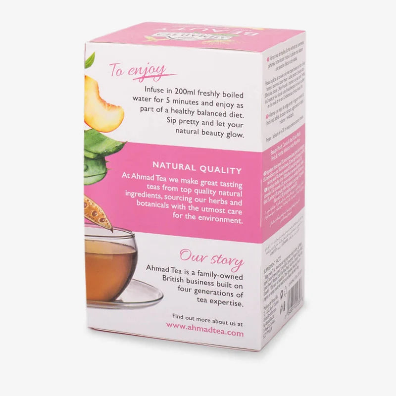 AHMAD TEA BEAUTY PEACH CAROB & ROSE PETALS +Aloe Vera 20 Pcs - 30g - 30g | شاي احمد شاي الجمال خوخ، خرنوب وبتلات الورد 20 ظرف - 30غ