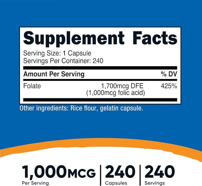 Nutricost Folic Acid Vitamin B9 1000 mcg - 240 Capsules | نيوتريكوست مكمل غذائي يحتوي على فيتامين ب9 و حمض الفوليم 1000 مكغ - 240 كبسولة
