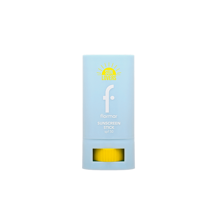 Flormar Sunscreen Stick SPF 50, light blue twist-up stick with yellow base, compact packaging