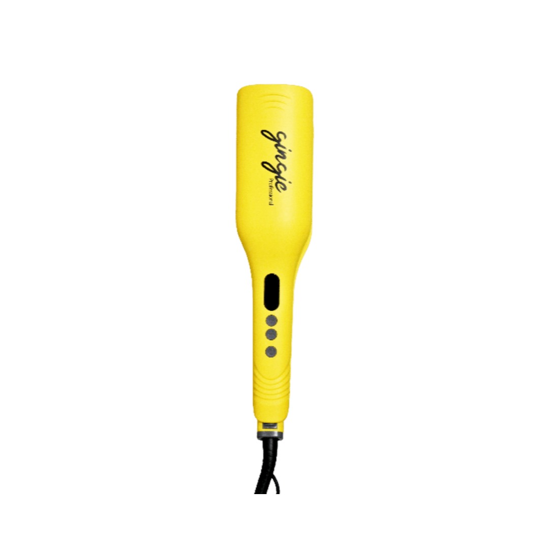 Gingie Professional hair straightening brush, yellow electric styling tool with cord and temperature control buttons