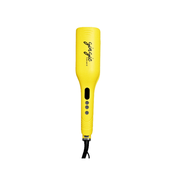 Gingie Professional hair straightening brush, yellow electric styling tool with cord and temperature control buttons