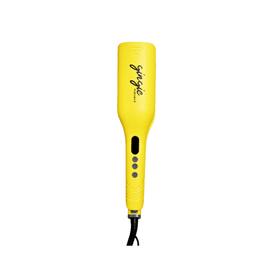 Gingie Professional hair straightening brush, yellow electric styling tool with cord and temperature control buttons