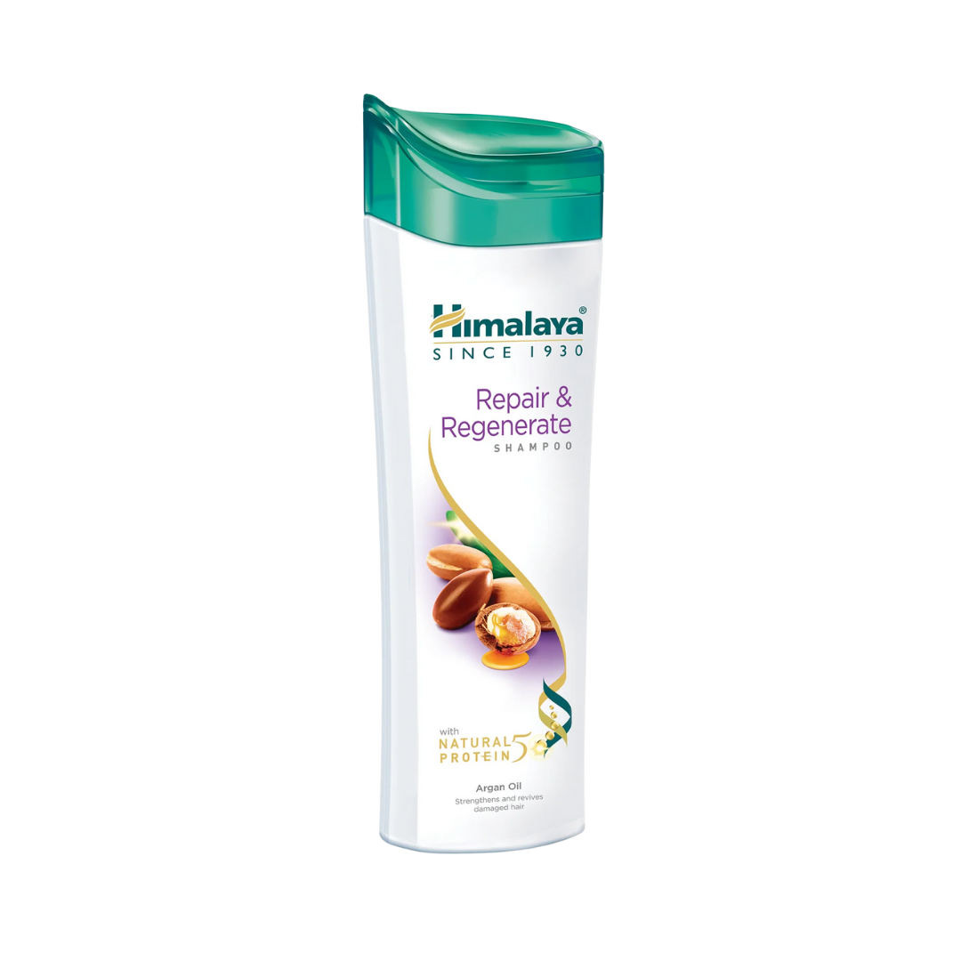 Himalaya Repair and Regenerate Shampoo argan oil white bottle with green flip-top cap
