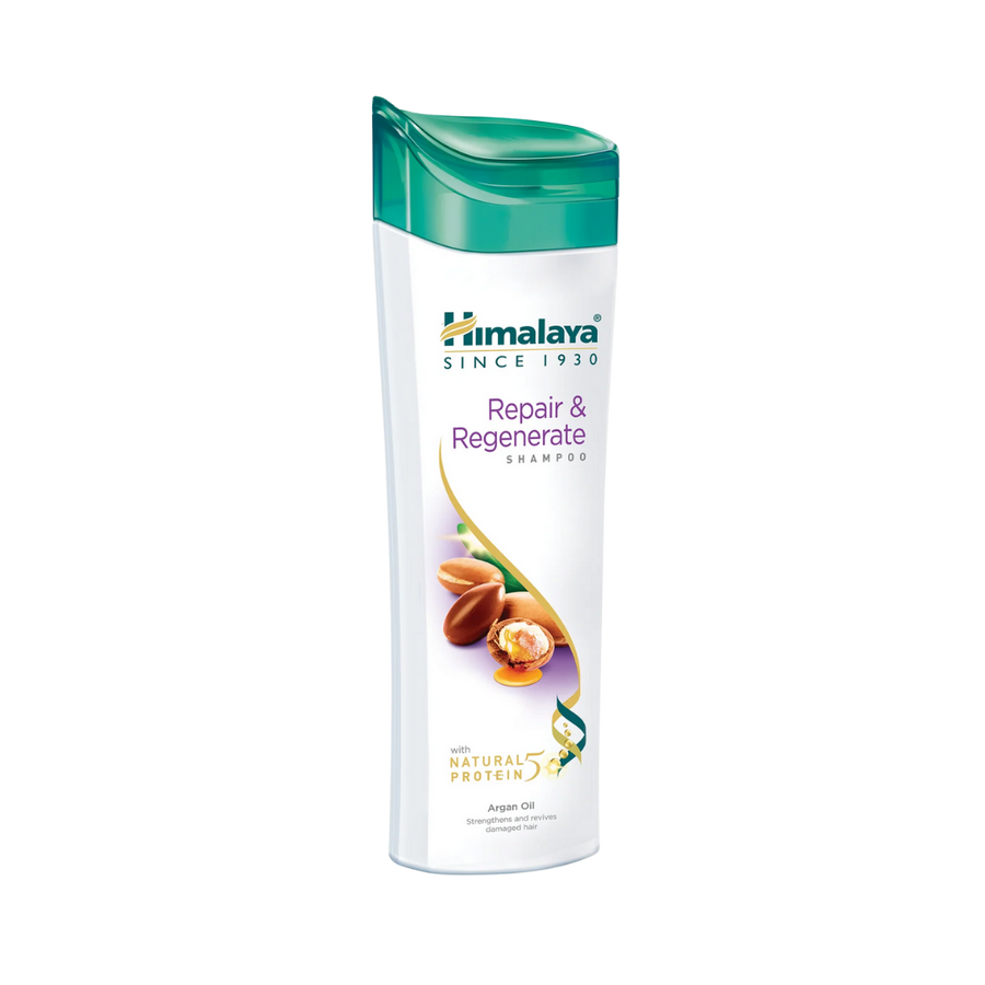 Himalaya Repair and Regenerate Shampoo argan oil white bottle with green flip-top cap
