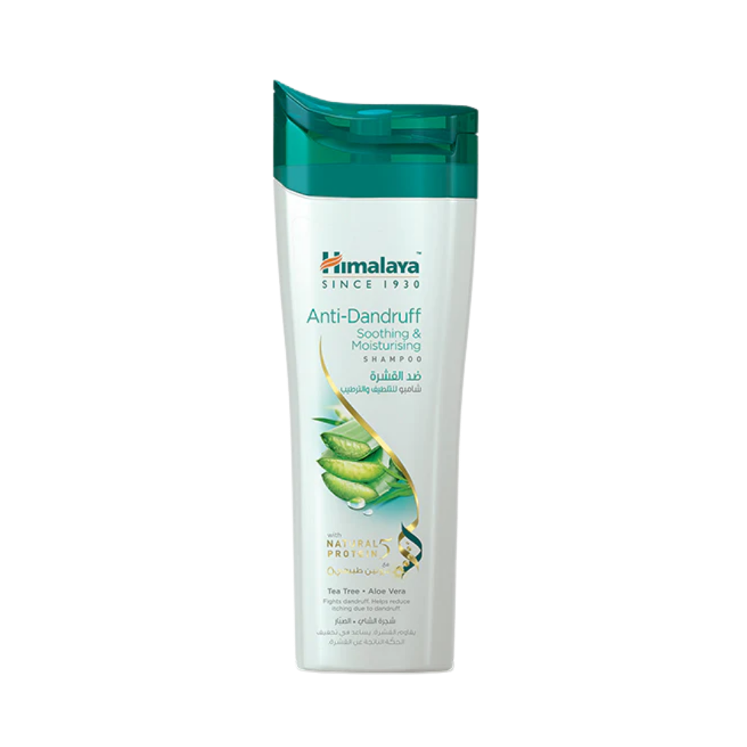 Himalaya Anti-Dandruff Soothing and Moisturising shampoo white bottle with green flip-top cap
