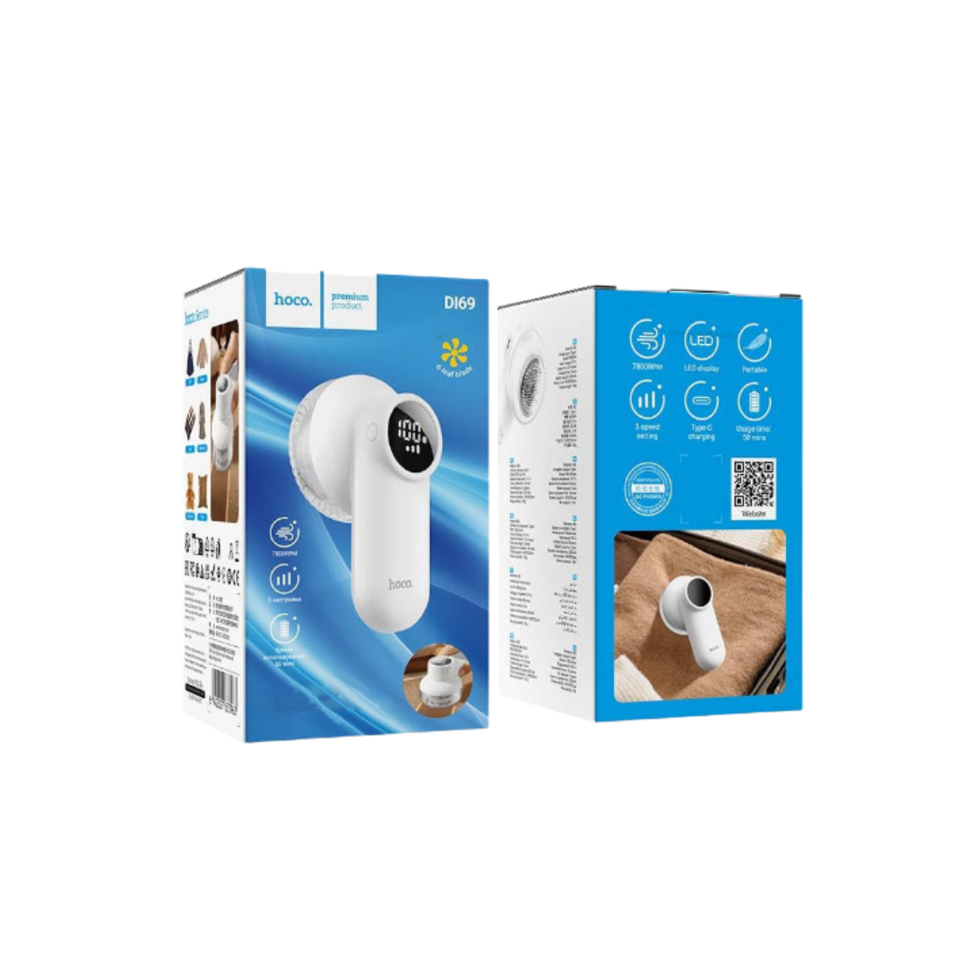 Hoco DL69 fabric shaver, white portable lint remover with LED display, blue retail packaging.