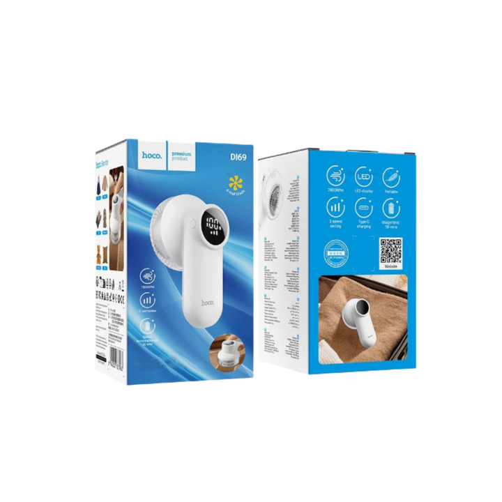 Hoco DL69 fabric shaver, white portable lint remover with LED display, blue retail packaging.