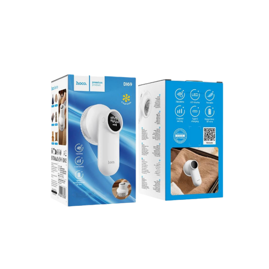 Hoco DL69 fabric shaver, white portable lint remover with LED display, blue retail packaging.