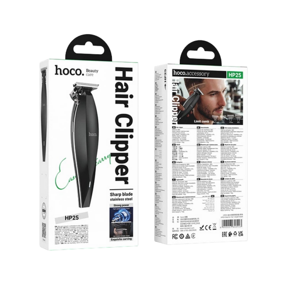 hoco HP25 Hair Clipper black stainless steel trimmer with white retail box and beard image