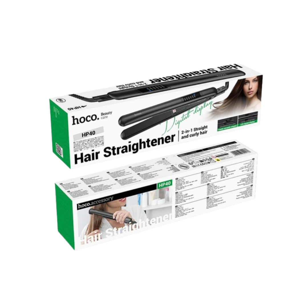 hoco HP40 2-in-1 hair straightener black styling iron on white green retail box