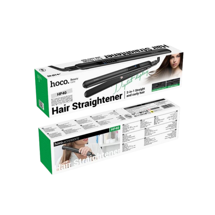 hoco HP40 2-in-1 hair straightener black styling iron on white green retail box