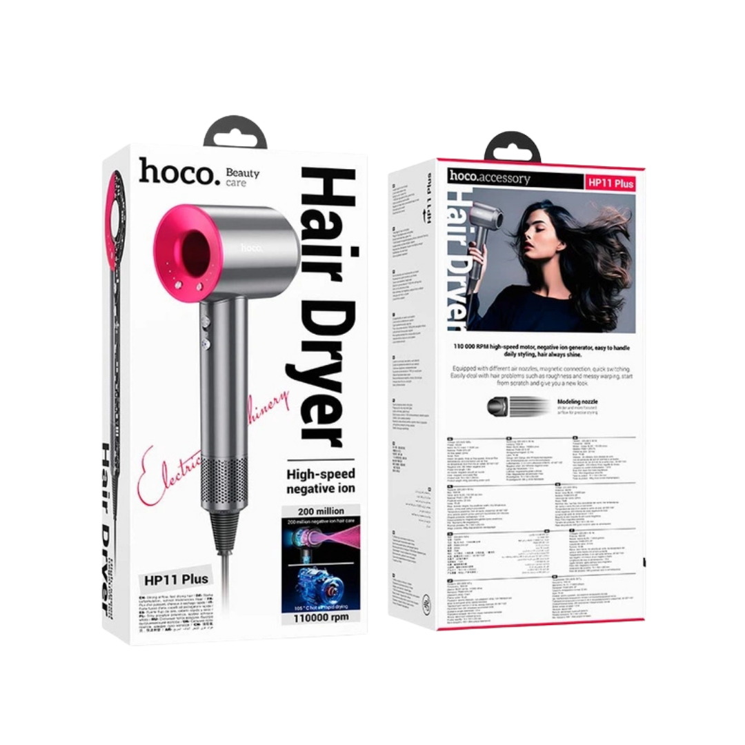hoco High-Speed negative ion hair dryer gray and pink on HP11 Plus retail box