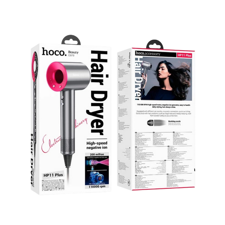 hoco High-Speed negative ion hair dryer gray and pink on HP11 Plus retail box