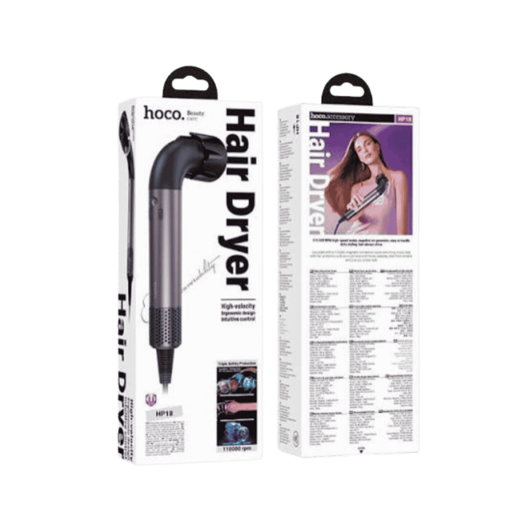 Hoco HP18 high-velocity hair dryer, purple device with concentrator nozzle and retail packaging.