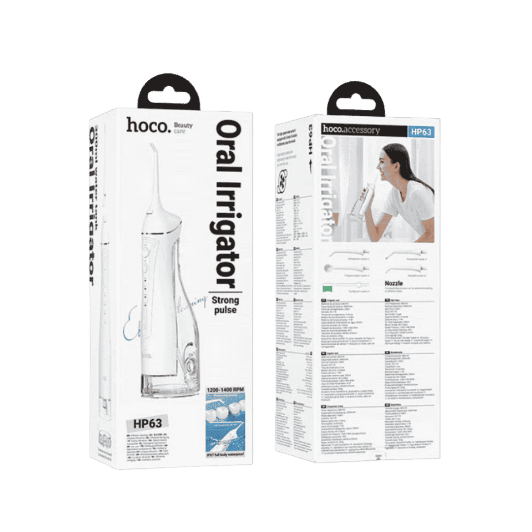 hoco HP63 oral irrigator with 300ml tank, six nozzles, white handheld unit, and retail packaging.