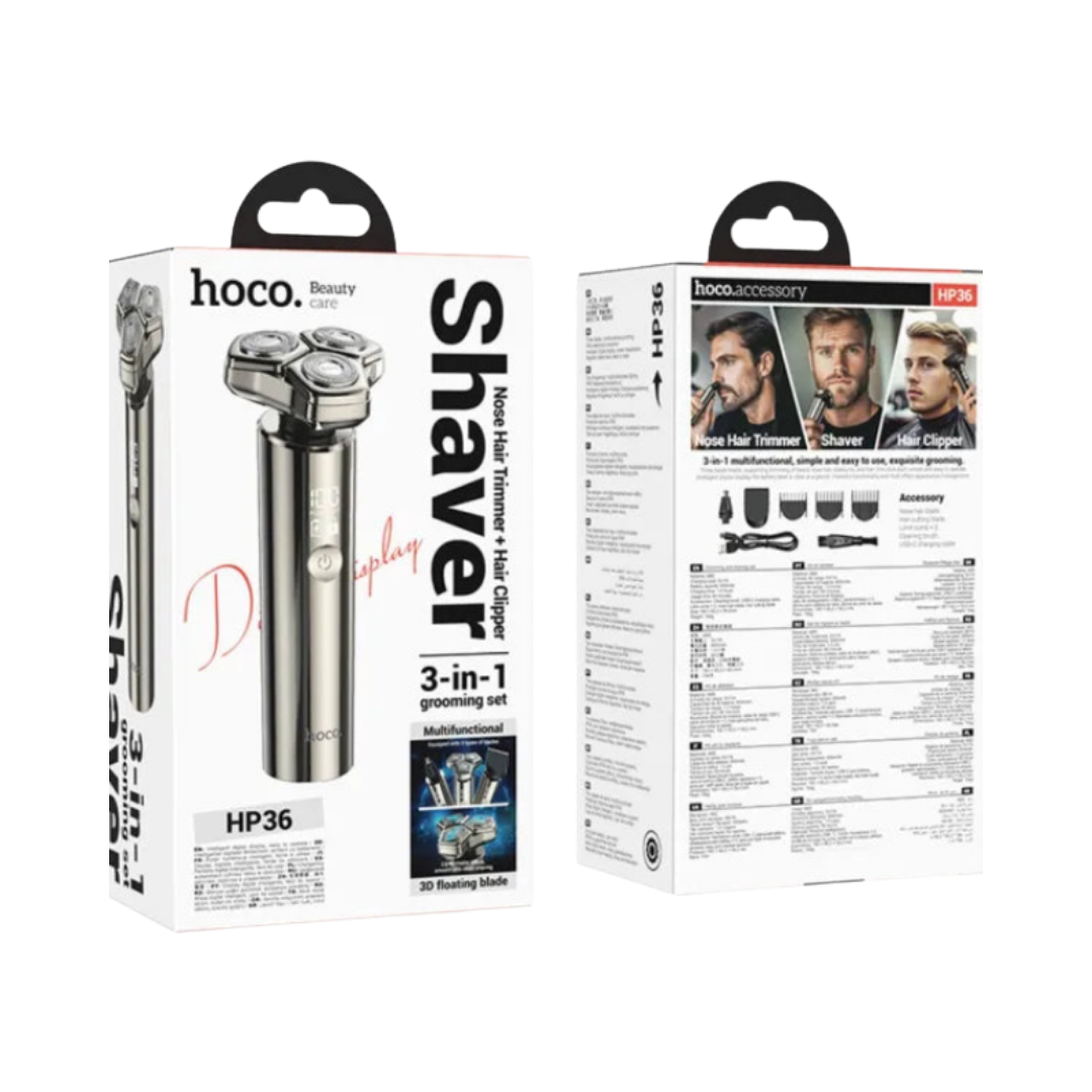 Hoco HP36 3-in-1 grooming shaver set, black electric razor with attachments and retail packaging.