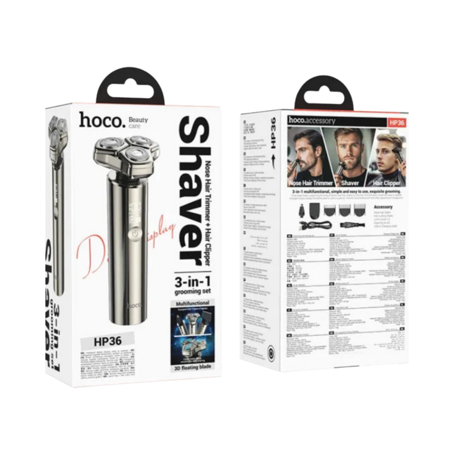 Hoco HP36 3-in-1 grooming shaver set, black electric razor with attachments and retail packaging.