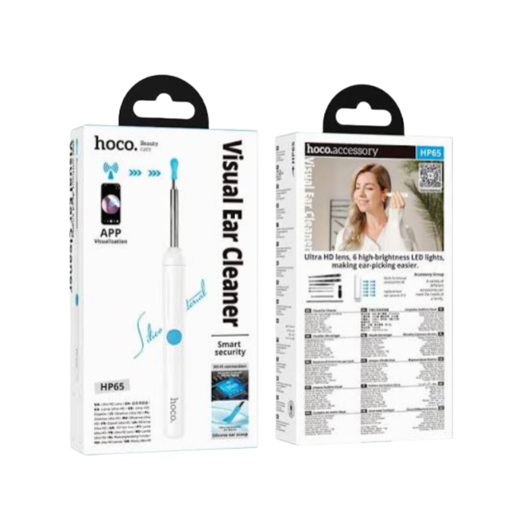 Hoco HP65 Visual Ear Cleaner, white smart ear pick device with packaging and product specifications.