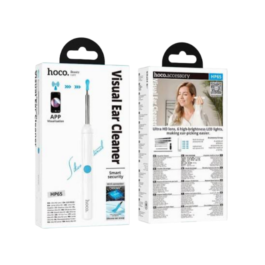 Hoco HP65 Visual Ear Cleaner, white smart ear pick device with packaging and product specifications.