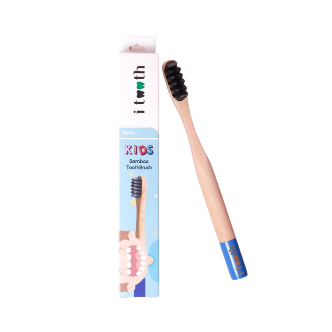 iTWOth Kids Nano bamboo toothbrush with black bristles, natural handle, blue base, retail box packaging