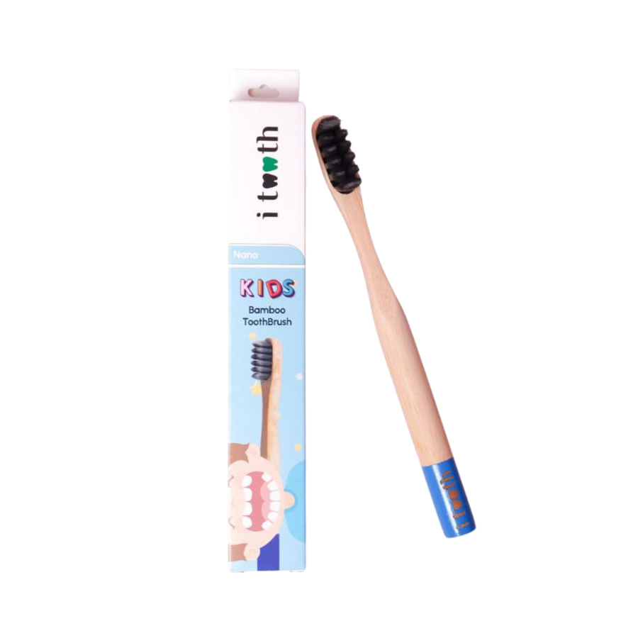 iTWOth Kids Nano bamboo toothbrush with black bristles, natural handle, blue base, retail box packaging