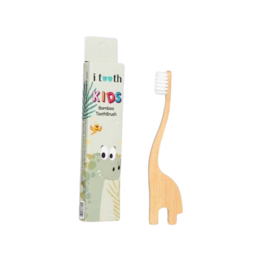 i tooth Kids bamboo toothbrush with dinosaur handle and white bristles packaging