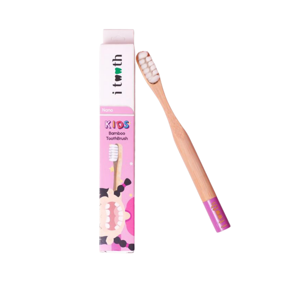 i tooth Kids Nano Bamboo Toothbrush pink handle with white bristles displayed beside matching children’s toothbrush packaging