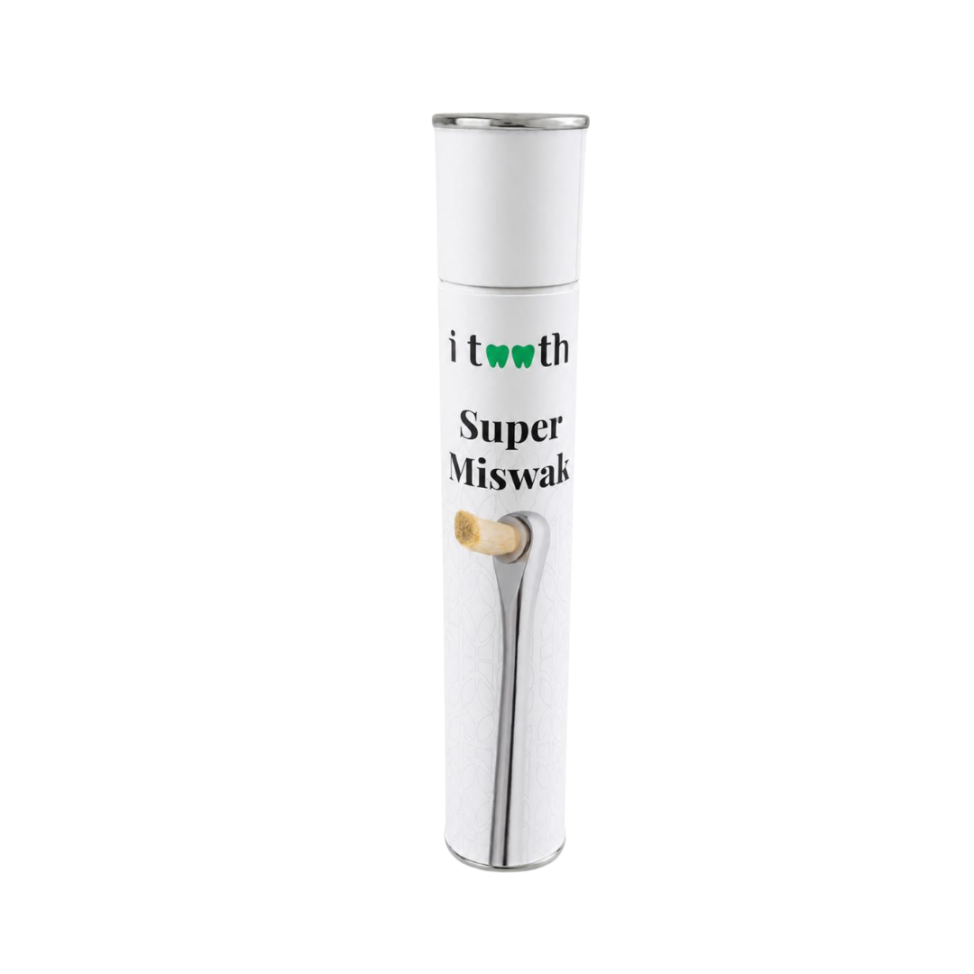 i tooth Super Miswak Silver white cylindrical container with silver holder and exposed miswak tip