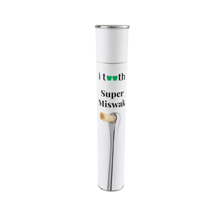 i tooth Super Miswak Silver white cylindrical container with silver holder and exposed miswak tip