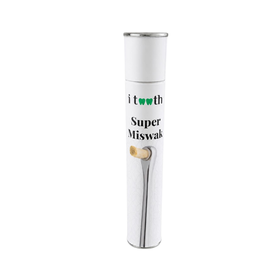 i tooth Super Miswak Silver white cylindrical container with silver holder and exposed miswak tip