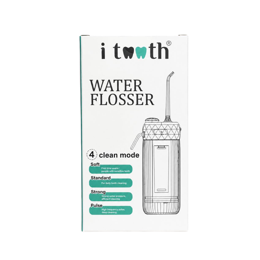i tooth Water Flosser box with white packaging, teal accents, device illustration, and four clean modes