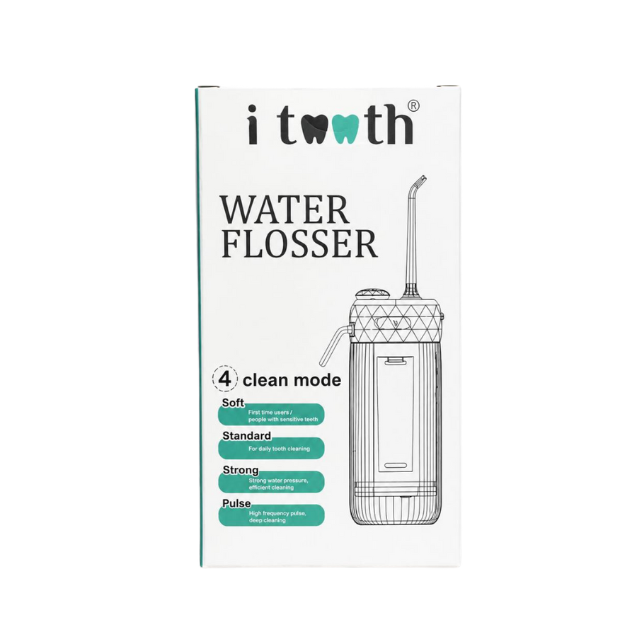 i tooth Water Flosser box with white packaging, teal accents, device illustration, and four clean modes