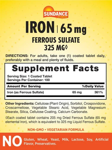 Sundance Iron 65 mg Ferrous Sulfate - 100 Coated Caplets | ساندانس حديد 65 ملغ (كبريتات الحديدوز) - 100 قرص مغلف